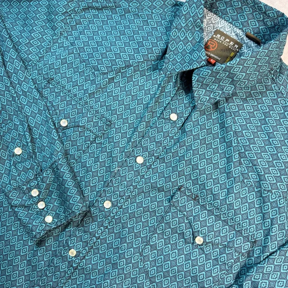 Roper Mens Teal Geometric Diamond Western Pearl Snap Shirt Long Sleeve Large - Picture 1 of 8